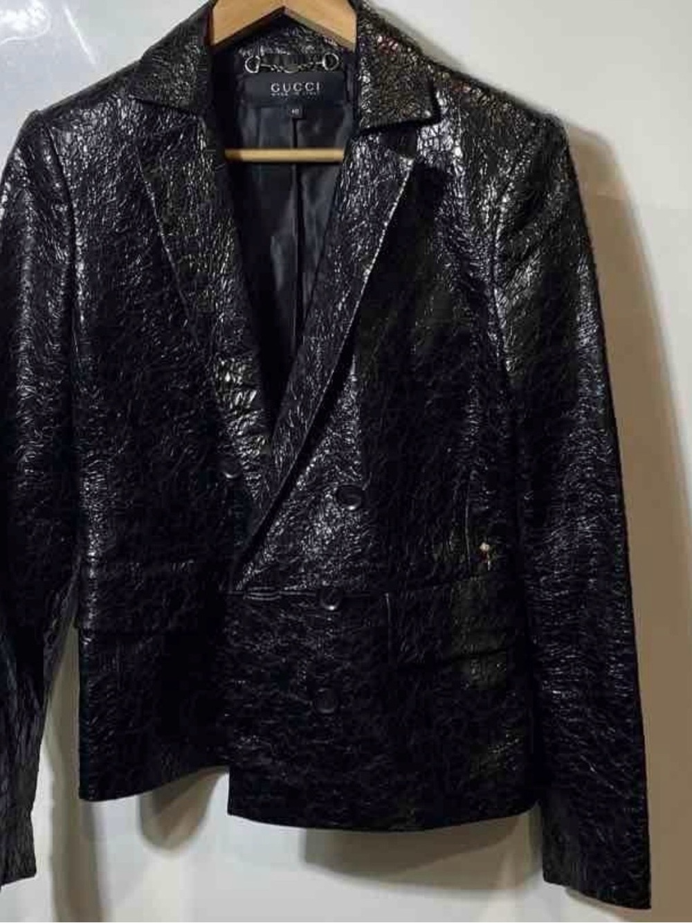 Gucci Black Textured Leather Double-Breasted Jacket Size US 4 or IT 40